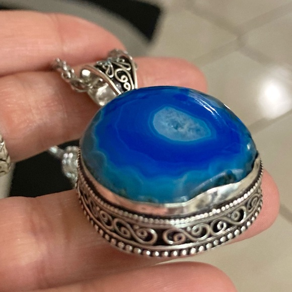 925 sterling silver overlay blue agate slice gemstone charm boho necklace . - Picture 3 of 13